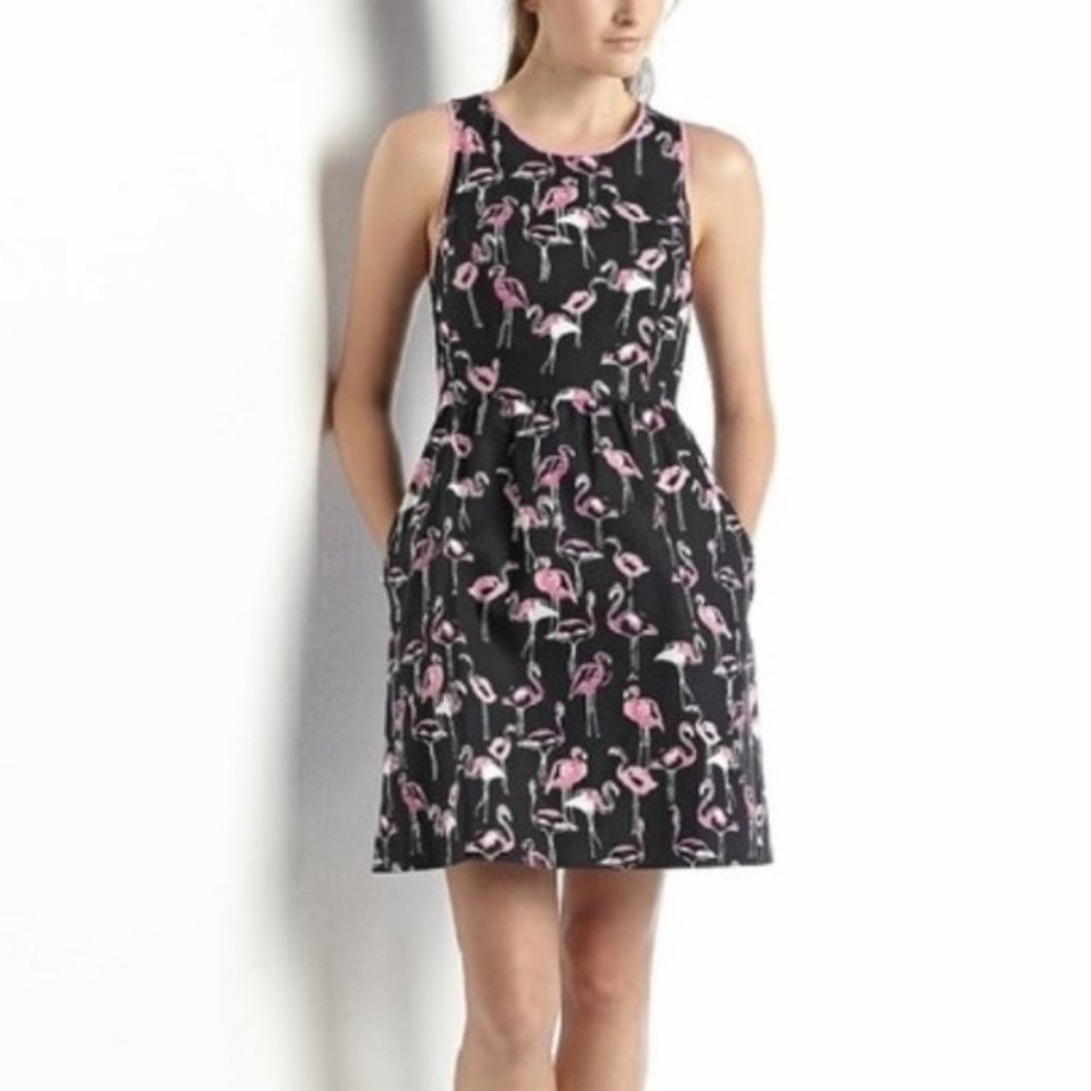 CROWN & IVY PINK FLAMINGO BLACK FIT & FLARE DRESS